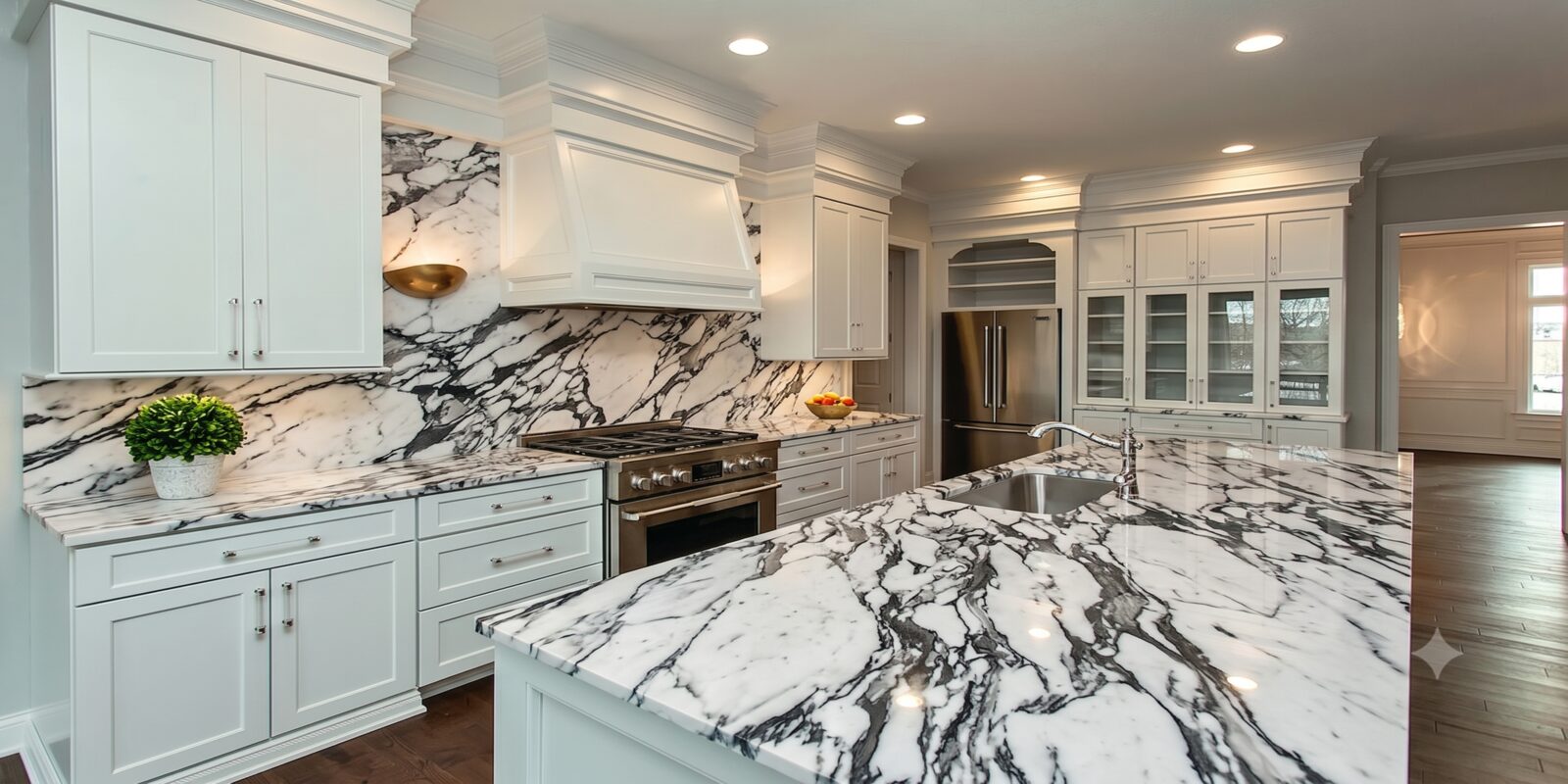 White Arabescato marble kitchen countertop Orange County CA